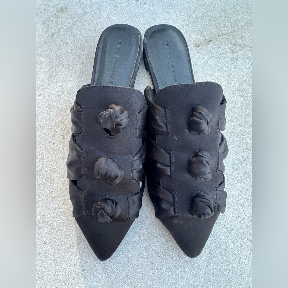 Rebecca Minkoff Black Satin Pointy Toe Knotted Mules (Size 8) - Picture 2 of 4
